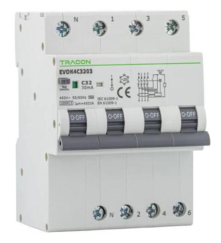 Tracon EVOK4D4003 Kombinált védőkapcsoló, 4P, 4modul, D karakterisztika D40A, 30 mA, 10kA, A