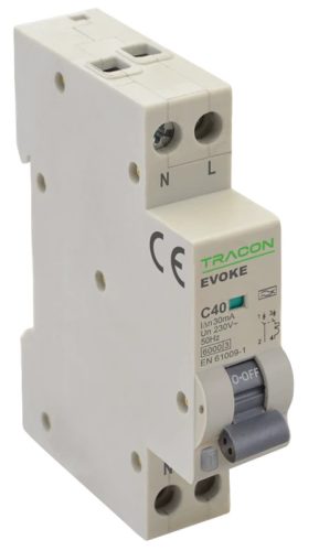 Tracon EVOKEAB1003 Kombinált védőkapcsoló, elektronikus, 2P, 1 modul, B kar. B10, 30mA, 6kA, A