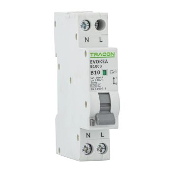   Tracon EVOKEAC603 Kombinált védőkapcsoló, elektronikus, 2P, 1 modul, C kar. C6, 30mA, 6kA, A