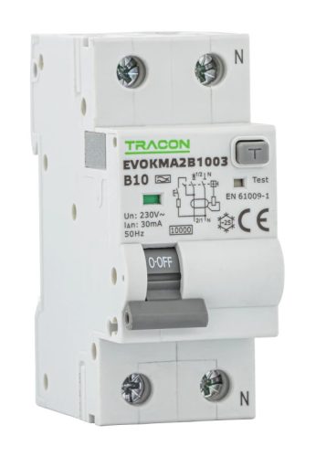 Tracon EVOKMA2C203 Kombinált védőkapcsoló, 2P, 2modul, C karakterisztika C20A, 300 mA, 10kA, A
