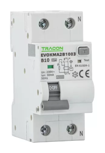 Tracon EVOKMA2D103 Kombinált védőkapcsoló, 2P, 2modul, D karakterisztika D10A, 300 mA, 10kA, A