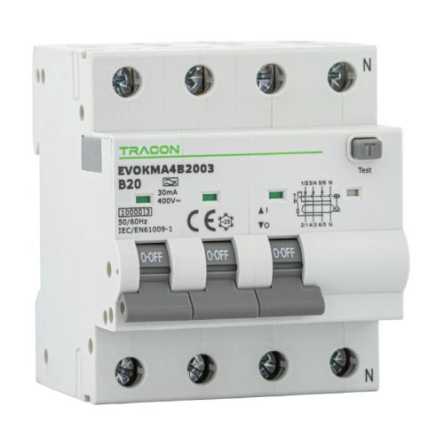 Tracon EVOKMA4B101 Kombinált védőkapcsoló, 4P, 4modul, B karakterisztika B10A, 100 mA, 10kA, A