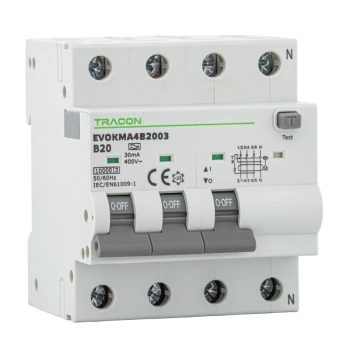   Tracon EVOKMA4B201 Kombinált védőkapcsoló, 4P, 4modul, B karakterisztika B20A, 100 mA, 10kA, A
