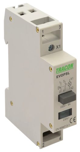 Tracon EVOPSL, Moduláris nyomókapcsoló, jelzőfénnyel 230V, 50Hz, 1NO+1NC, LED, Ith:16A, AC-14, Ie:6A