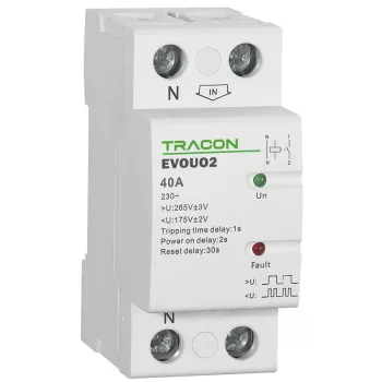   Tracon EVOUO2, Aut. visszakapcsoló fesz. növekedési/csökkenési relé AC230V,2P,40AU>:265V,U<:175V, Uon:2s, Trip:1s, Res:30s