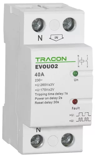 Tracon EVOUO2, Aut. visszakapcsoló fesz. növekedési/csökkenési relé AC230V,2P,40AU>:265V,U<:175V, Uon:2s, Trip:1s, Res:30s