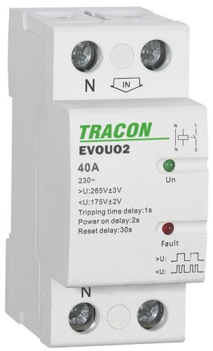 Tracon EVOUO2P63, Aut. visszakapcsoló fesz. növekedési/csökkenési relé AC230V,2P,63AU>:265V,U<:175V, Uon:2s, Trip:1s, Res:30s