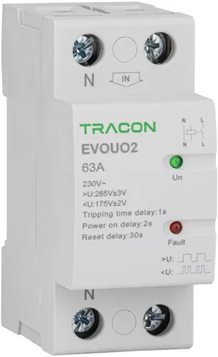 Tracon EVOUO2P63, Aut. visszakapcsoló fesz. növekedési/csökkenési relé AC230V,2P,63AU>:265V,U<:175V, Uon:2s, Trip:1s, Res:30s