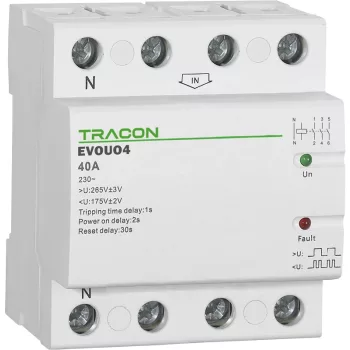   Tracon EVOUO4, Aut. visszakapcsoló fesz. növekedési/csökkenési relé AC230V,4P,40AU>:265V,U<:175V, Uon:2s, Trip:1s, Res:30s