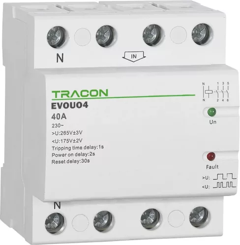 Tracon EVOUO4, Aut. visszakapcsoló fesz. növekedési/csökkenési relé AC230V,4P,40AU>:265V,U<:175V, Uon:2s, Trip:1s, Res:30s