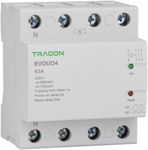Tracon EVOUO4P63, Aut. visszakapcsoló fesz. növekedési/csökkenési relé AC230V,4P,63AU>:265V,U<:175V, Uon:2s, Trip:1s, Res:30s