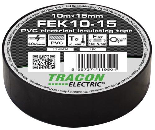 Tracon FEK10-15, Szigetelőszalag, fekete 10m×15mm, PVC, 0-90°C, 40kV/mm