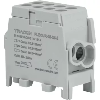   Tracon FLECUR-25-25-2 Főáramköri leágazó kapocs,sínre,szürke,engedélyes 2.5-25mm2, max. 1000VAC/DC, max.101A