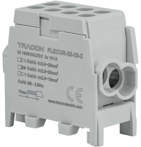 Tracon FLECUR-25-25-2 Főáramköri leágazó kapocs,sínre,szürke,engedélyes 2.5-25mm2, max. 1000VAC/DC, max.101A