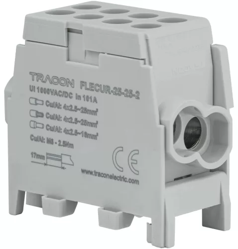 Tracon FLECUR-25-25-2 Főáramköri leágazó kapocs,sínre,szürke,engedélyes 2.5-25mm2, max. 1000VAC/DC, max.101A