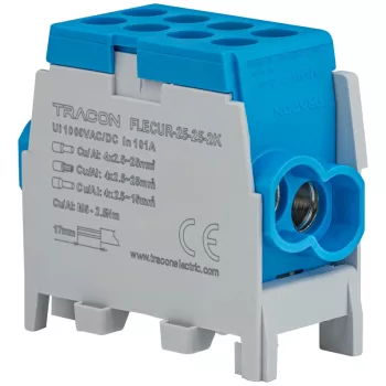   Tracon FLECUR-25-25-2K Főáramköri leágazó kapocs,sínre,kék,engedélyes 2.5-25mm2, max. 1000VAC/DC, max.101A