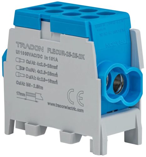 Tracon FLECUR-25-25-2K Főáramköri leágazó kapocs,sínre,kék,engedélyes 2.5-25mm2, max. 1000VAC/DC, max.101A