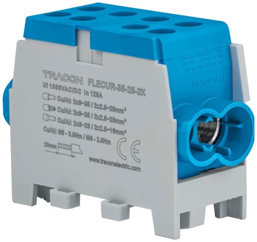 Tracon FLECUR-35-25-2K Főáramköri leágazó kapocs,sínre,kék,engedélyes 6-35mm2, max. 1000VAC/DC, max.125A