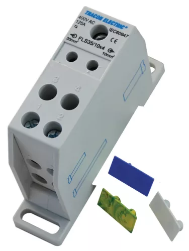 Tracon FLS35/10X4 Fővezetéki leágazó sorkapocs, sínre szerelhető 1×35mm2 / 4×10mm2, 400VAC, 125A, MULTICOLOR