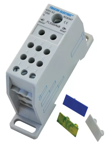 Tracon FLS35/4X9 Fővezetéki leágazó sorkapocs, sínre szerelhető 1×35mm2 / 9×4mm2, 400VAC, 125A, MULTICOLOR