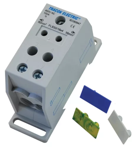 Tracon FLS50/16X4 Fővezetéki leágazó sorkapocs, sínre szerelhető 1×50mm2 / 4×16mm2, 400VAC, 150A, MULTICOLOR