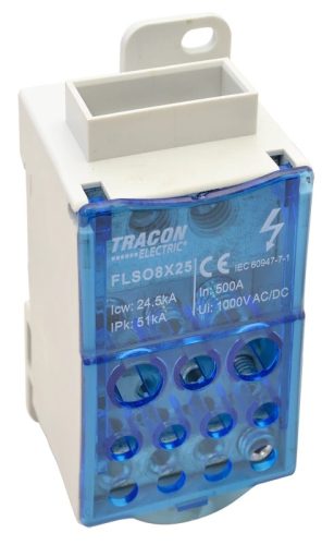 Tracon FLSO8X25 Fővezetéki leágazó sorkapocs nyitható fedéllel (betápsín) 8×25mm2 / 5×25(16), 4×16(10), 2×35(25)mm2, 1000VAC/DC, 500A
