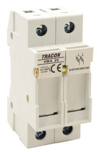Tracon HBA-2P-20, Szakaszolókapcsoló-biztosító hengeres bizt.hoz, maszkolható 20A, 8x32mm; Un=230V/400V
