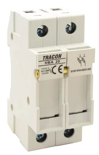 Tracon HBA-2P-20, Szakaszolókapcsoló-biztosító hengeres bizt.hoz, maszkolható 20A, 8x32mm; Un=230V/400V
