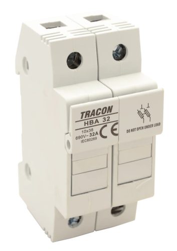Tracon HBA-2P-32, Szakaszolókapcsoló-biztosító hengeres bizt.hoz, maszkolható 32A, 10x38mm; Un=230V/400V
