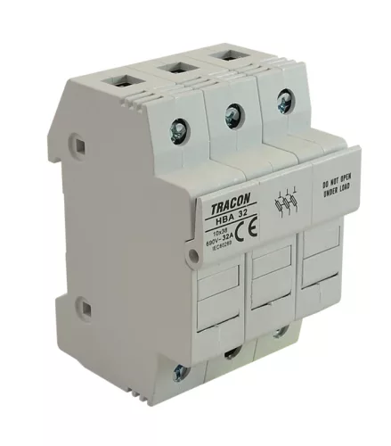 Tracon HBA-3P-32, Szakaszolókapcsoló-biztosító hengeres bizt.hoz, maszkolható 32A, 10x38mm; Un=230V/400V