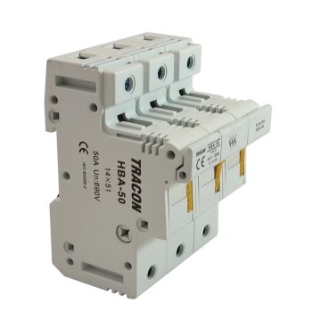   Tracon HBA-3P-50, Szakaszolókapcsoló-biztosító hengeres bizt.hoz, maszkolható 50A, 14x51mm; Un=230V/400V