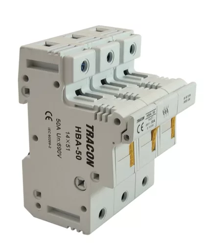 Tracon HBA-3P-50, Szakaszolókapcsoló-biztosító hengeres bizt.hoz, maszkolható 50A, 14x51mm; Un=230V/400V