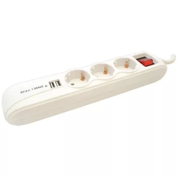   Tracon HK3-USB, Hordozható elosztósáv kapcsolóval fehér, 2×USB port 3×SCHUKO,16A/250VAC,3680W, 1,4m, 3×1,5mm2, H05VV-F, USB:2.1A
