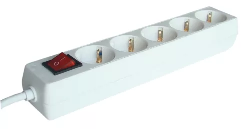 Tracon HK5, Hordozható elosztósáv kapcsolóval, normál, fehér 5×SCHUKO, 1,5m, max.16A, 250VAC, 3680W, 3x1,0mm2, H05VV-F