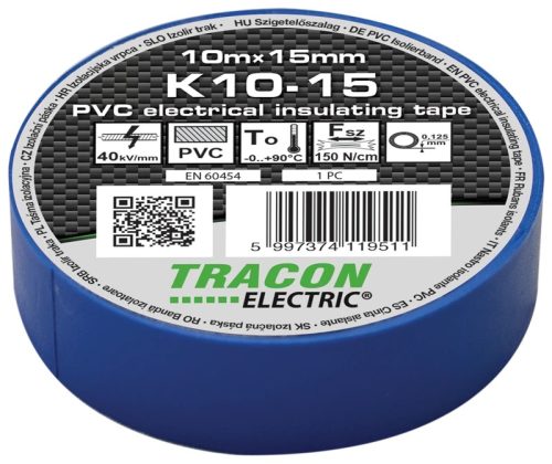 Tracon K10-15, Szigetelőszalag, kék 10m×15mm, PVC, 0-90°C, 40kV/mm