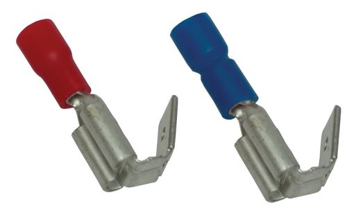 Tracon KCSE, Szigetelt rátolható csatlakozó csap+hüvely, sárgaréz, kék 6,3×0,8mm, 2,5mm2