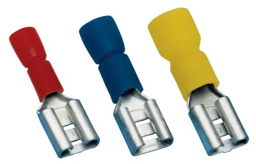 Tracon KCSH3, Szigetelt rátolható csatlakozó hüvely, sárgaréz, kék 2,8×0,5mm, 2,5mm2
