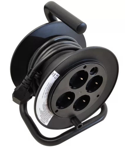 Tracon KD-4/15-B, Mini kábeldobos hosszabbító fémvázzal, hőkioldóval 4×SHUKO, 15m, 250V AC, 13A, 3×1,5mm2, H05VV-F, IP20