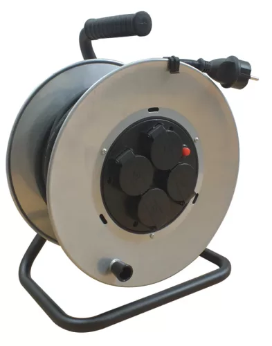 Tracon KD-6/40-A, Kábeldobos hosszabbító, fémvázzal, hőkioldóval 4×SHUKO, 40m, 250V AC, 16A, 3×1,5mm2, H07RN-F, IP44
