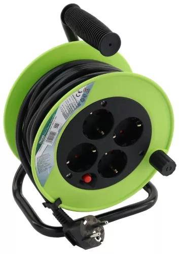 Tracon KDZ-4/10, Kábeldobos hosszabbító, fémvázzal 4×SCHUKO, 10m, 250V AC, 16 A, 3×1,5mm2, H05VV-F, IP20