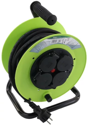 Tracon KDZ-4/10G, Kábeldobos hosszabbító, fémvázzal 4×SCHUKO, 10m, 250V AC, 16 A, 3×1,5mm2, H07RN-F, IP44