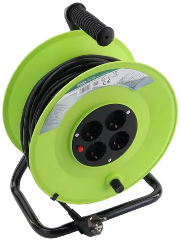 Tracon KDZ-4/30, Kábeldobos hosszabbító, fémvázzal 4×SCHUKO, 30m, 250V AC, 16 A, 3×1,5mm2, H05VV-F, IP20