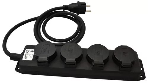 Tracon KE4-3M, Kültéri eloszósáv, fekete 16A/250VAC, IP44, H07RN-F, 3G1.5, 3m, 4×SCHUKO