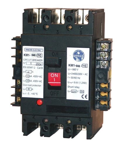 Tracon KM1-032/2, Kompakt megszakító, 230V AC feszültségcsökkenési kioldóval 3×230/400V, 50Hz, 32A, 50kA, 1×CO