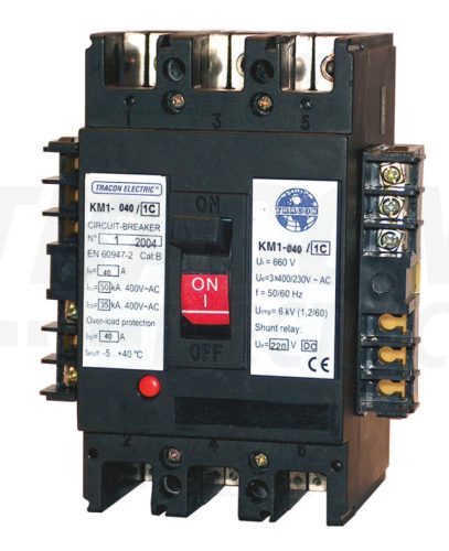 Tracon KM6-400/1C, Kompakt megszakító, 220V DC munkaáramú kioldóval 3×230/400V, 50Hz, 400A, 50kA, 2×CO