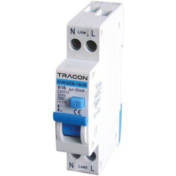   Tracon KVKGEB-16/30 Kombinált védőkapcsoló, elektronikus, 2P, 1 modul, B kar. B16, 30mA, 6kA, A, E3