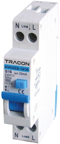 Tracon KVKGEB-16/30 Kombinált védőkapcsoló, elektronikus, 2P, 1 modul, B kar. B16, 30mA, 6kA, A, E3