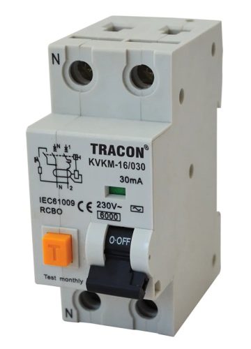Tracon KVKMB-16/030, Kombinált védőkapcsoló, 2P, 2 modul, B karakterisztika 16A, 30 mA, 6kA, AC