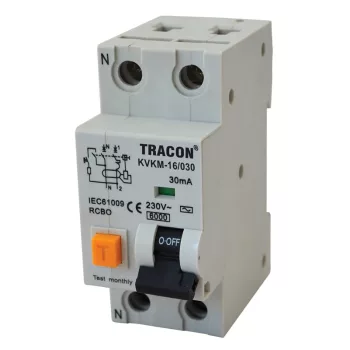   Tracon KVKMB-16/300, Kombinált védőkapcsoló, 2P, 2 modul, B karakterisztika 16A, 300 mA, 6kA, AC