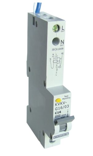Tracon KVKV-G16/100, Kombinált védőkapcsoló, 2P, 1 modul, C karakterisztika 16A, 100mA, 6kA, A/AC, E3